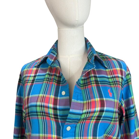 Ralph Lauren Women’s Blue Plaid Button-Down Shirt Size 10 Preppy Classic Cotton - Picture 2 of 7